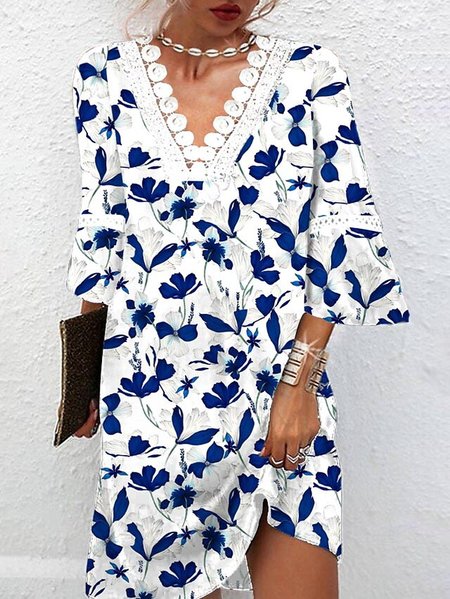 Simple Floral Design V-Neck Lace Loose Dress, White, Dresses