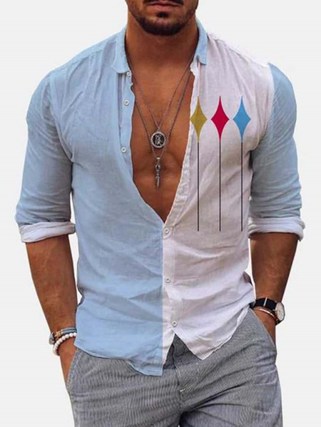 Cotton Linen Geometric Print Casual Long Sleeve Shirt, White-blue, Long Sleeve Shirts
Cotton Linen Geometric Print Casual Long Sleeve Shirt, White-blue, Long Sleeve Shirts