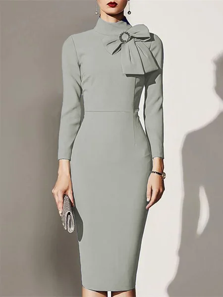 Stylewe Elegant Bow Stand Collar Regular Fit Midi Dress, Gray, Wedding Guest Dresses