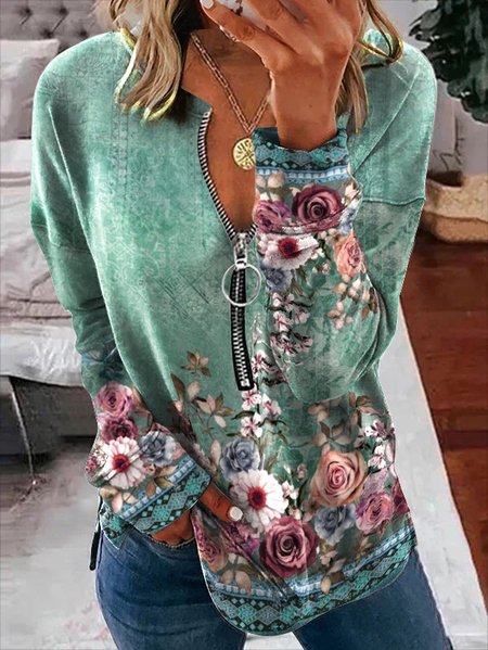 Regular Fit Floral V Neck Sweatshirt, Green, Sweatshirts & Hoodies