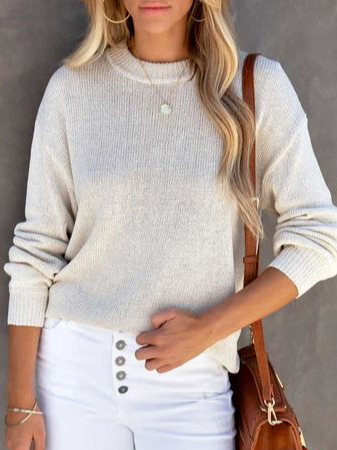 Casual Plain Autumn Micro-Elasticity Regular Fit Crew Neck Regular H-Line Regular Sweater for Women, Beige, Sweaters & Cardigans