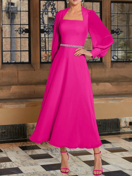 Regular Fit Square neck Long sleeve X-Line Elegant Dress, Rose red, Maxi Dresses