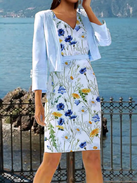 Floral Urban V Neck Two Piece Sets, Blue, Dresses
