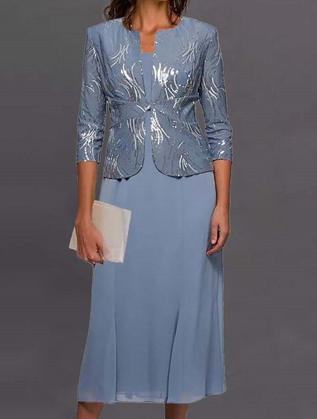 Crew Neck Two Piece Sets, Blue, Suit Set