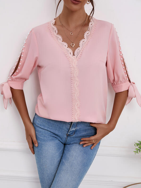 Simple V Neck Regular Fit Plain Tops, Pink, Shirts & Blouses