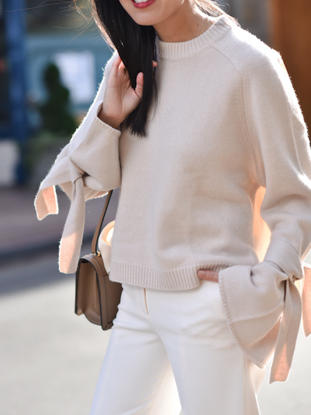 Crew Neck Plain Urban Loose Long sleeve H-Line Sweater, Apricot, Sweaters