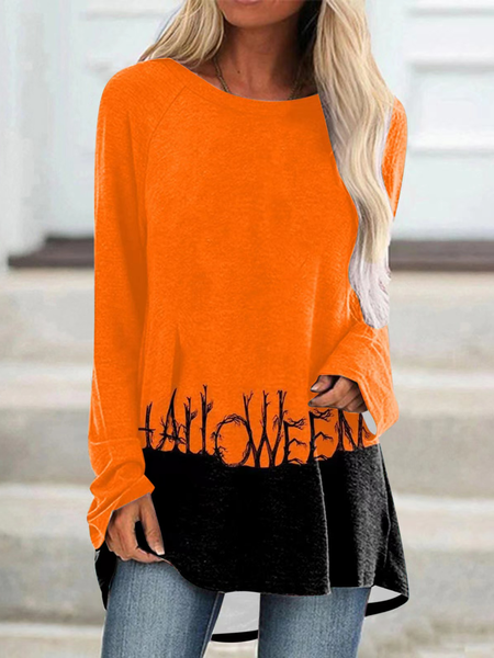 Halloween Cartoon Crew Neck Casual T-Shirt, Orange, T-Shirts