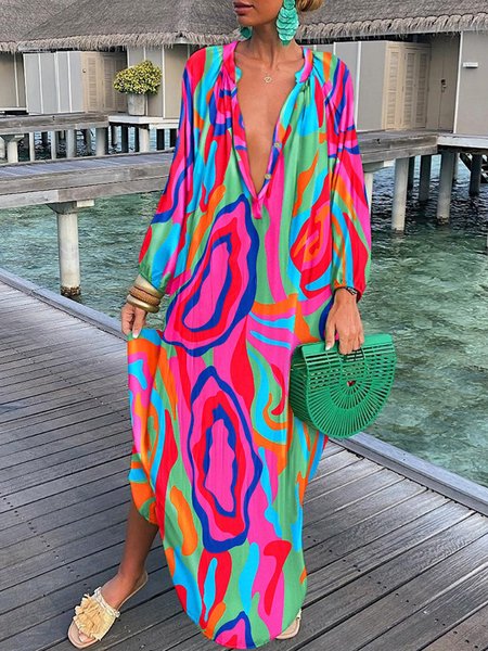 Vacation V Neck Abstract Color Block Loose Dress, Multicolor, Maxi Dresses