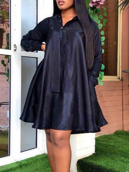 Black Long sleeve Regular Fit Urban Shirt Collar Dress, Mini Dresses