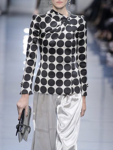 Long sleeve Asymmetrical Polka Dots Blouse, Black-white, Blouses and Shirts