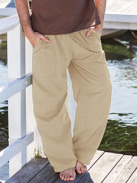 Cotton and Linen Plain Hawaiian Casual Trousers, Khaki, Men's pants