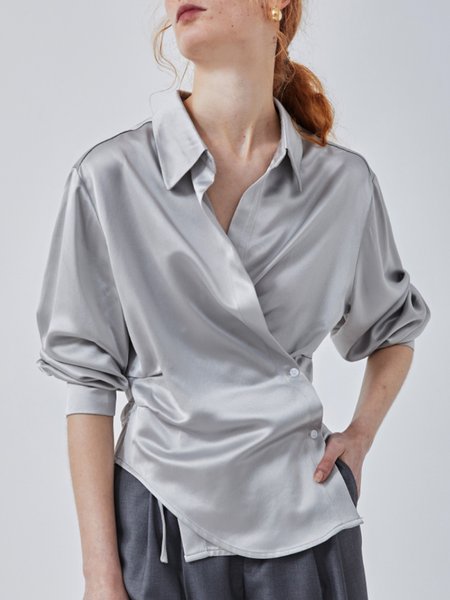 Urban Cross Long Sleeve Plain Shirt Collar Blouse, Gray, Blouses and Shirts