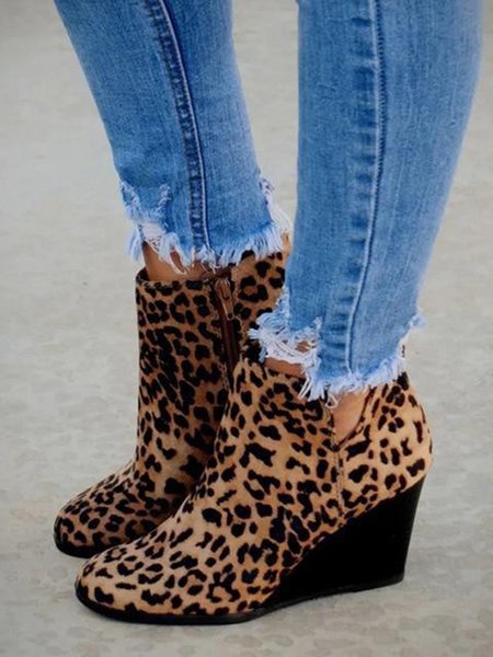 

Urban Simple Casual Leopard Print Plain Wedge Ankle Boots, Boots
