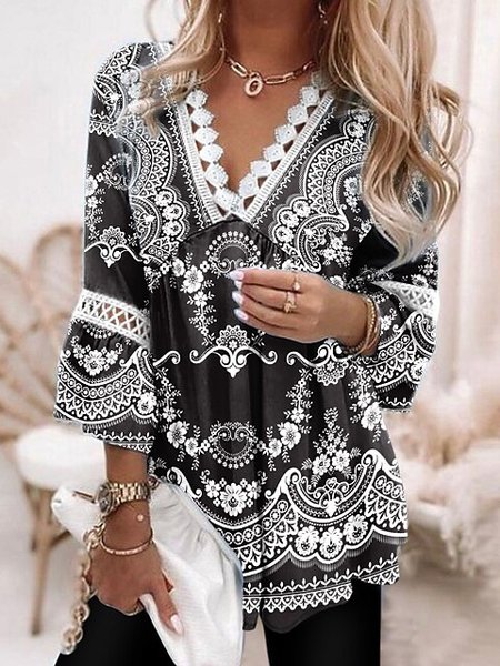 Casual Lace Panel Folk Floral V-Neck Top, Black, Tunics