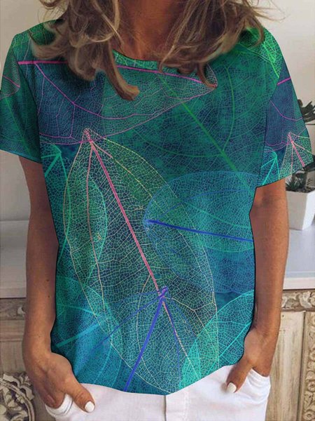 Womens Leaf Crew Neck T-Shirt, As picture, T-shirts