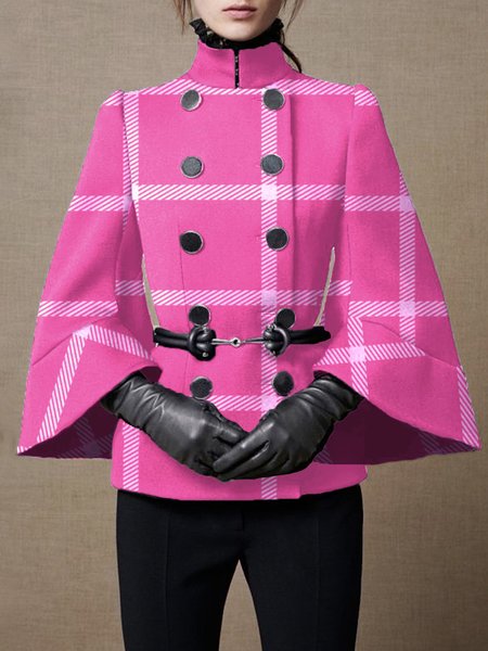 Stand Collar Plaid Regular Fit Overcoat, Pink, Coats