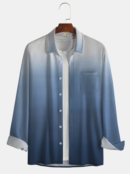 Men's Gradient Print Fashion Lapel Pocket Long Sleeve Shirt, Blue, Long Sleeve Shirts