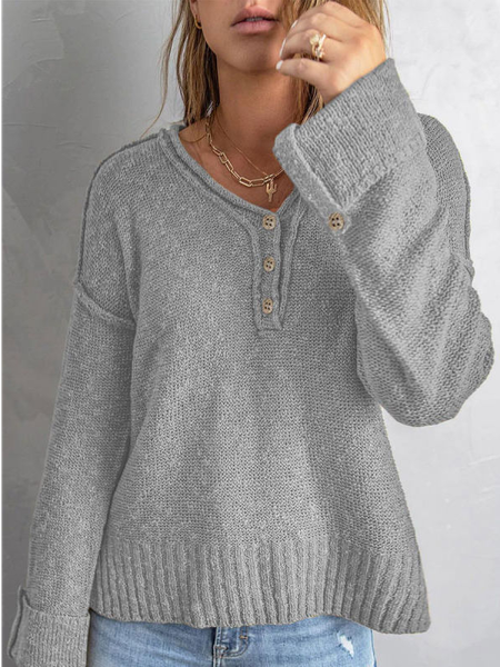 Plain Casual V Neck Loose Sweater, Gray, Sweaters