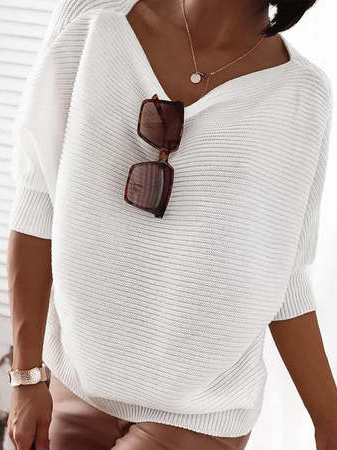 Simple Plain Boat Neck Loose Top, White, T-Shirts