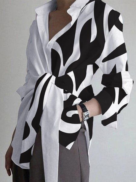 Shirt Collar Urban Loose Long Sleeve Blouse, Black-white, Blouses and Shirts