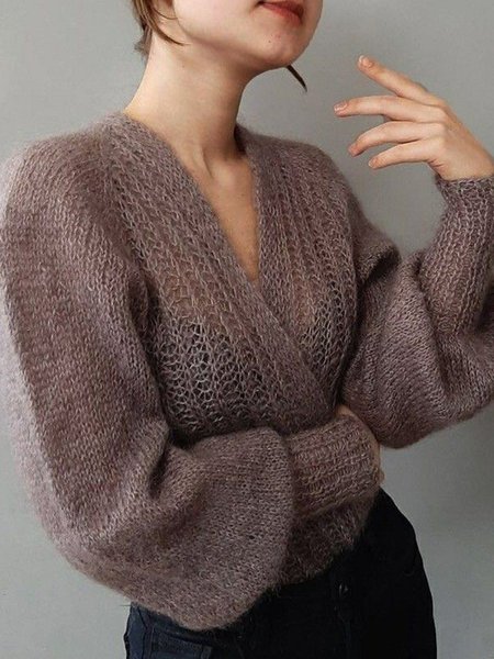 Daily Plain Loose Long Sleeve Sweater Cardigan, Coffee, Sweaters