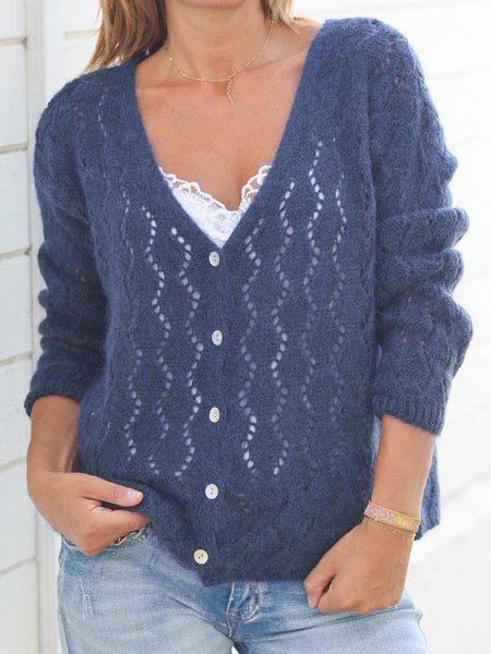 Wool/Knitting Loose Casual Sweater Coat, Blue, Sweaters
