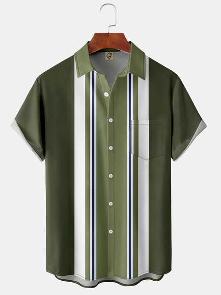 Basic Chest Pocket Short Sleeve Bowling Shirt, Green, Men Shirts