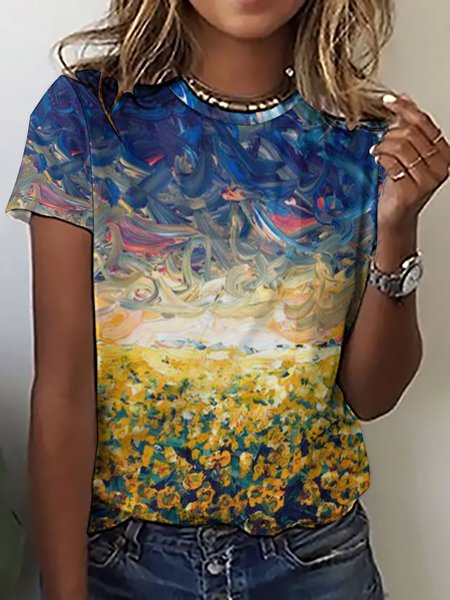Womens Fancy Art Print Casual T-Shirt, As picture, T-shirts