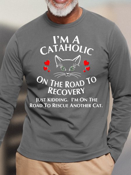 Mens Cat Lover Cotton Crew Neck T-Shirt, Gray, Long Sleeves