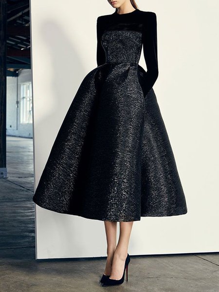 Crew Neck Elegant Formal Pockets Plain Dress Wedding, Black, Midi Dresses