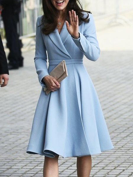 Elegant Lapel Collar Plain Midi Dress, Blue, Midi Dresses