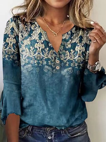 Regular Fit V Neck Ethnic Top, Dark blue, Tops