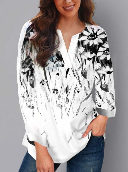 V Neck Floral Loosen Tops, White, Long sleeve tops