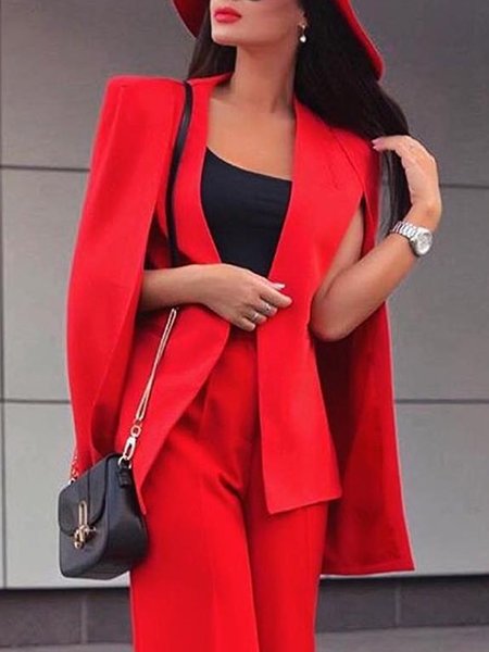 Elegant Loose Plain Coat, Red, Jackets