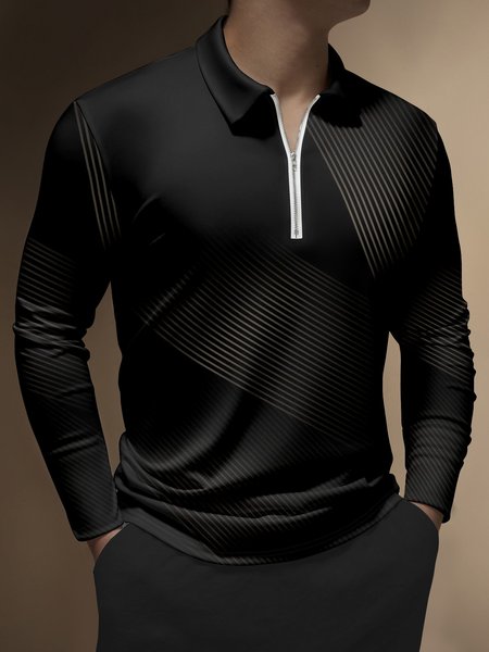 Casual Art Collection 3D Gradient Black Gold Striped Geometric Pattern Lapel Zip Long Sleeve Printed Polo Shirt, Polo Shirts