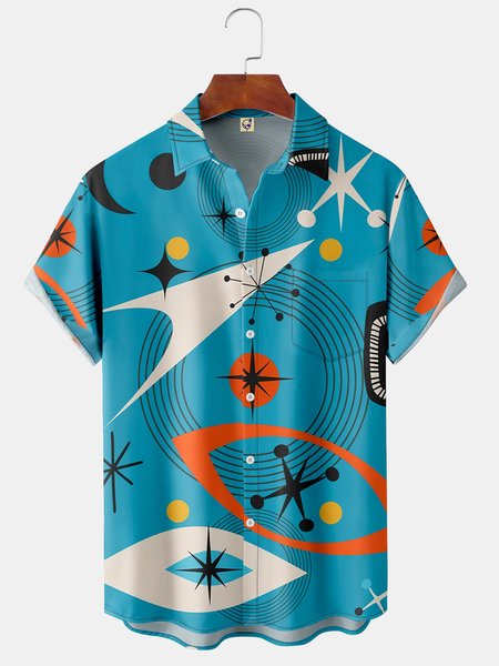 Medieval Geometric Chest Pocket Short Sleeve Shirt, Blue, Men Shirts