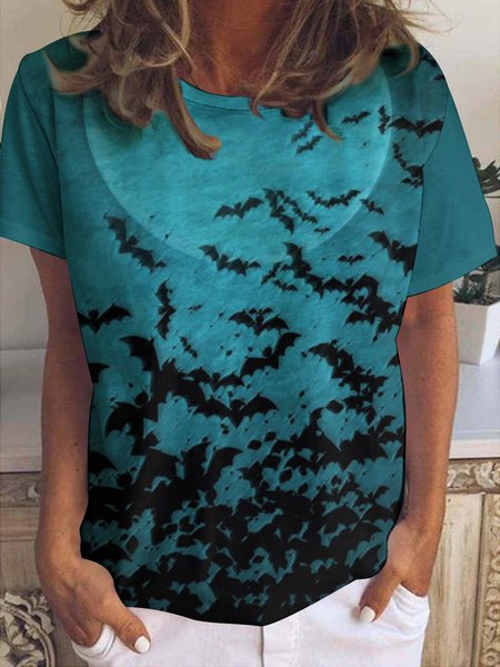 Women Bats Happy Halloween Pattern Cotton-Blend T-Shirt, As picture, T-shirts