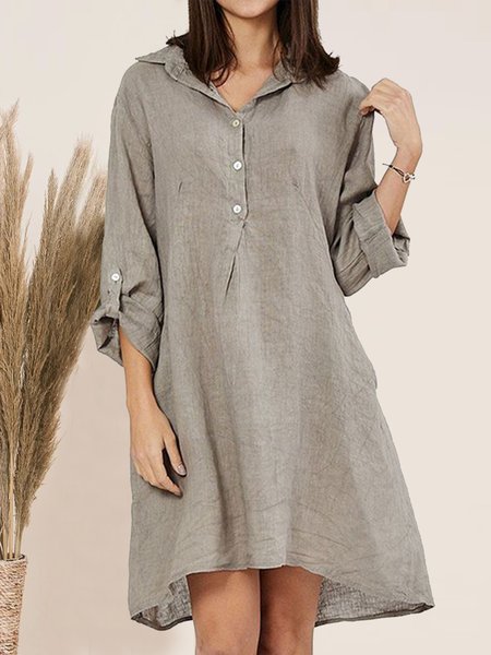 Linen Casual Shawl Collar Buttoned Dresses, Light coffee, Dresses