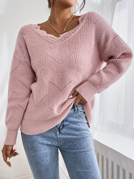 Plain V Neck Lace Casual Sweater, Pink, Sweaters & Cardigans