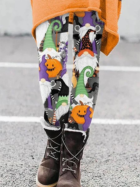 Women's Halloween Pumpkin Gnome Print Leggings, Multicolor, leggings