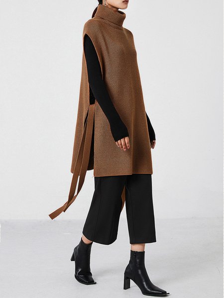 Urban Plain Lace-up Split Turtleneck Vest Sweater, Camel, Sweaters