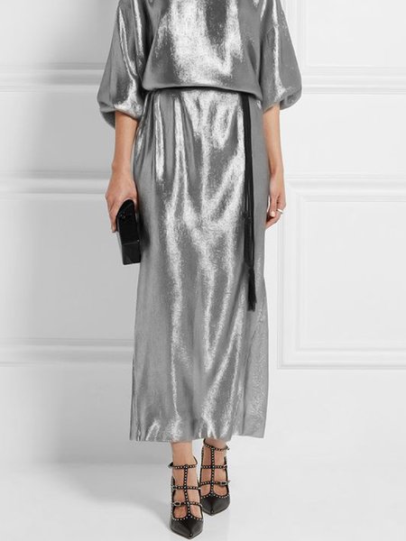 H-Line Plain Regular Fit Midi Skirt, Silver, Skirts