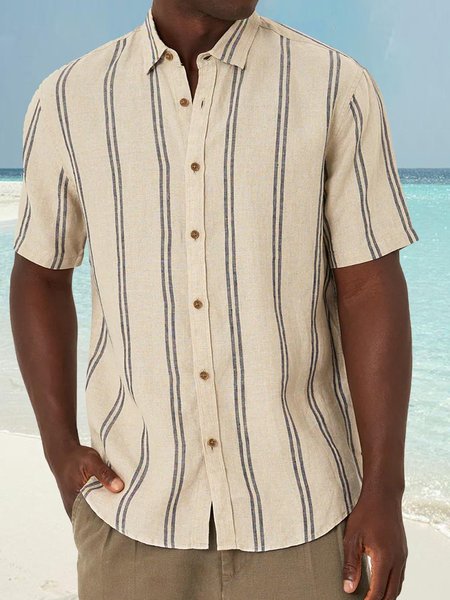 Cotton Linen Striped Casual Short Sleeve Shirt, As picture, Short Sleeve Shirts