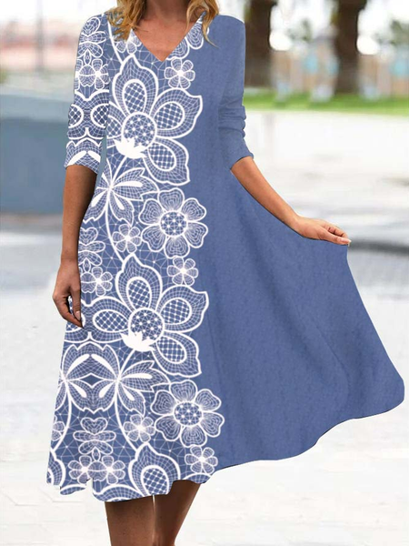Casual Floral Regular Fit V Neck Dresses, Blue, Midi Dresses