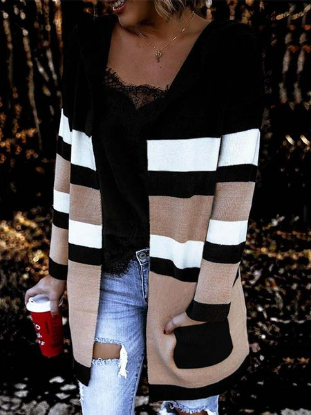 Casual Regular Fit Color Block Sweater Coat, Khaki, Sweaters