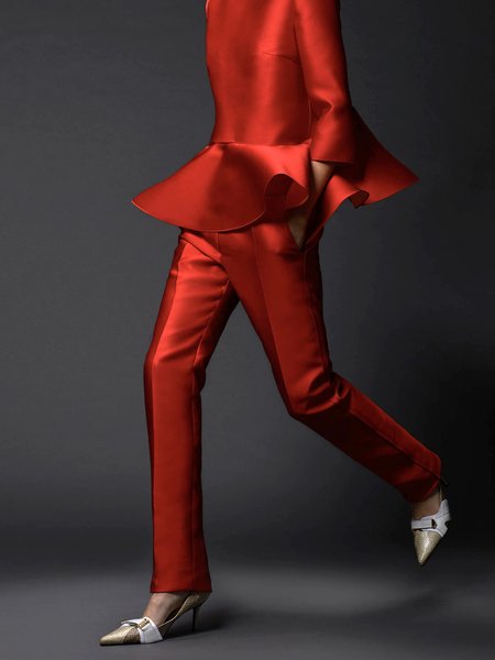 Mid Waist Plain Elegant Fashion Pants, Red, Pants