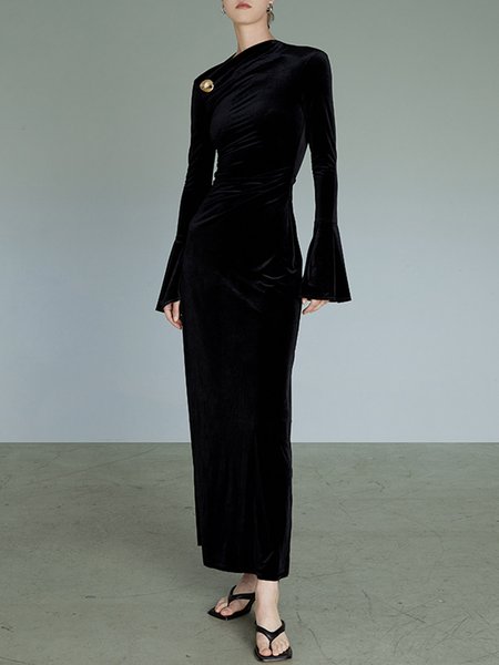 Elegant Velvet Simple Diagonal Collar Buttoned Dress, Black, Maxi Dresses