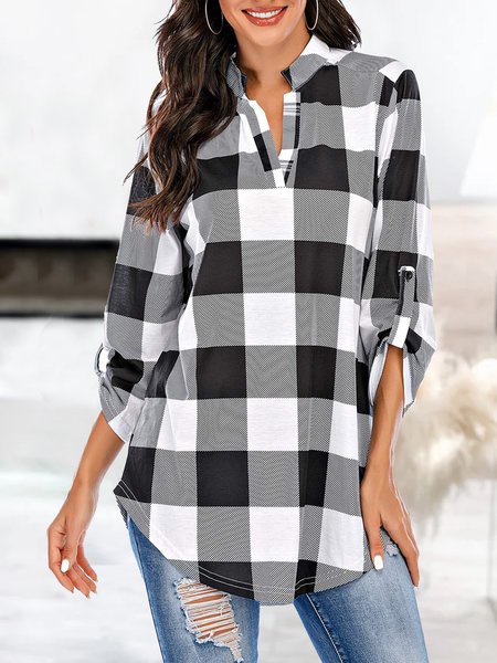Casual V Neck Plaid Blouse, Black-white, Shirts & Blouses