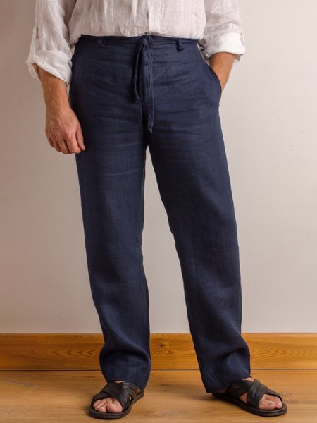 Men's Cotton Linen Casual Trousers, Blue, Men's pants