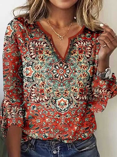 Women's Red Geometric Printed Long Sleeve V Neck ethnic style t-shirt, Multicolor, T-Shirts
Women's Red Geometric Printed Long Sleeve V Neck ethnic style t-shirt, Multicolor, T-Shirts
